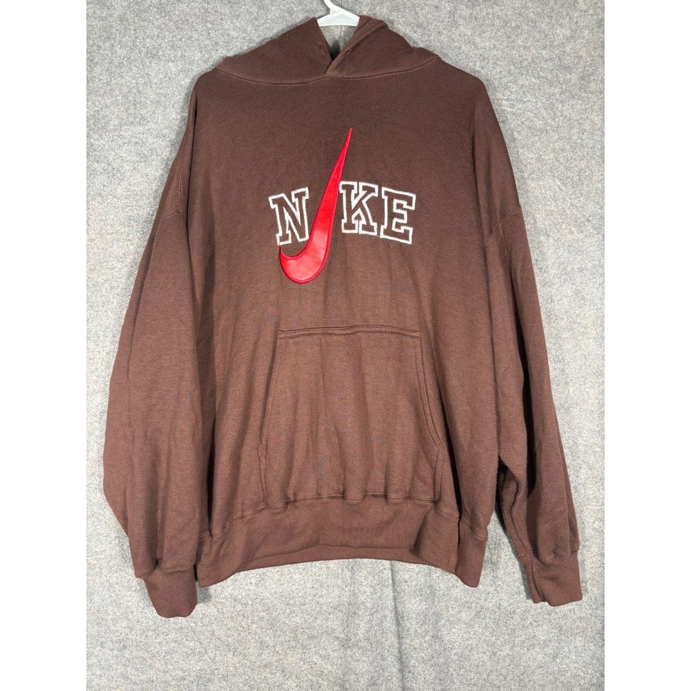 Vintage 90s Nike Hoodie Brown Red Leather Swoosh Spellout Made in USA XXL RARE
